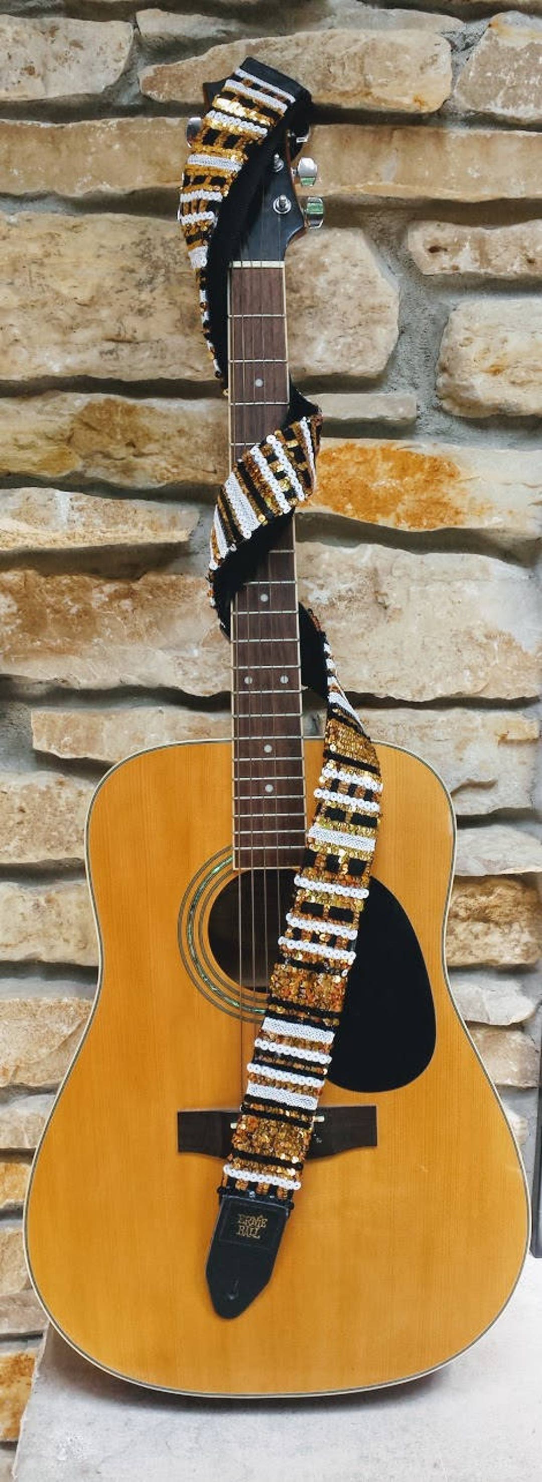 Gold and Black Sequin Display Guitar Strap Fully Sequined Guitar Strap