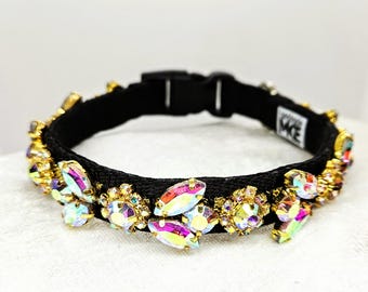 AB Rhinestone Dog Collar: Gold Gem Collar; Pet Jewelry; Small Breed Jeweled Collar; Iridescent Collar for Dogs; Fancy Gold Pet Collars