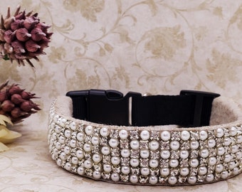 Wide Pearl and Rhinestone Dog Collar; Bling Dog Collars;  Crystal Dog Collar; Wedding Dog Collar; Diamond Dog Collar; Fancy Dog Collar