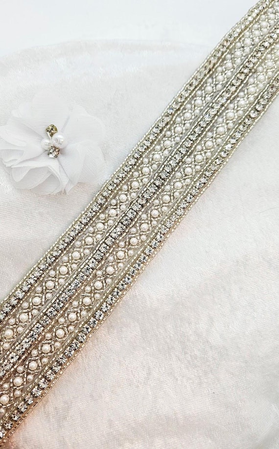 Wide Rhinestone Bridal Belt: Art Deco Pearl Wedding Sash  display picture 2