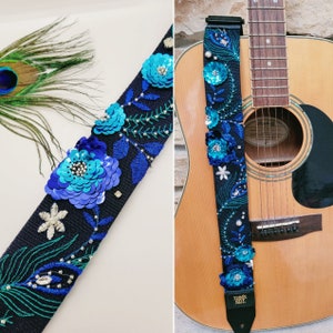 Blue Peacock Guitar Strap; Blue Flower Guitar Strap; Beaded Guitar Strap; Rhinestone Guitar Strap; Unique Guitar Straps; Fun Guitar Straps