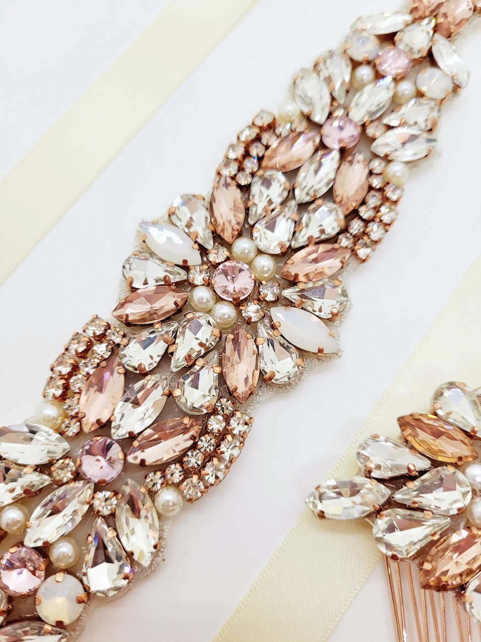 Rose Gold Bridal Sash and Comb Set: Rhinestone Wedding Belt  display picture 1