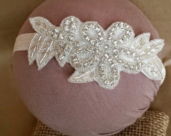 Rhinestone Flower Elastic Headband: Rustic Wedding Hair Jewelry; Flower Girl Headband; Elastic Flower Girl Headband; Gatsby Wedding