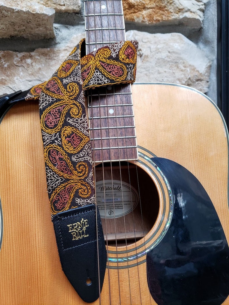 Gold Embroidered Guitar Strap Embroidered Guitar Strap Guitar Strap Unique Guitar Strap Guitar Strap for Women Guitarist Upcycled image 4