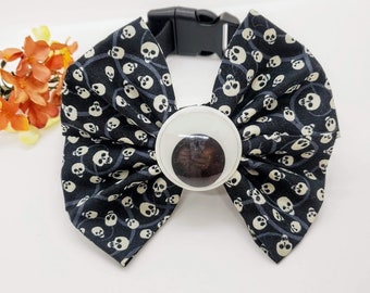 Halloween Dog Bow Tie: Glow in the Dark Eyeball, Skull Fabric