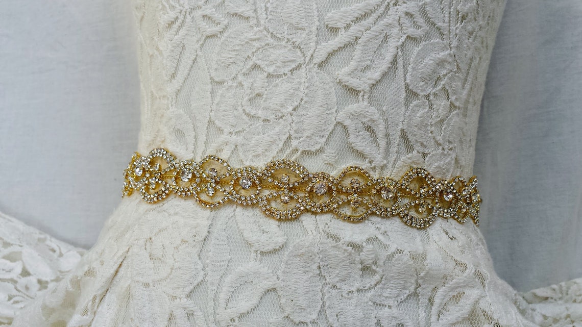 1 Inch Wide Gold Crystal Chain Wedding Dress Sash Thin Etsy