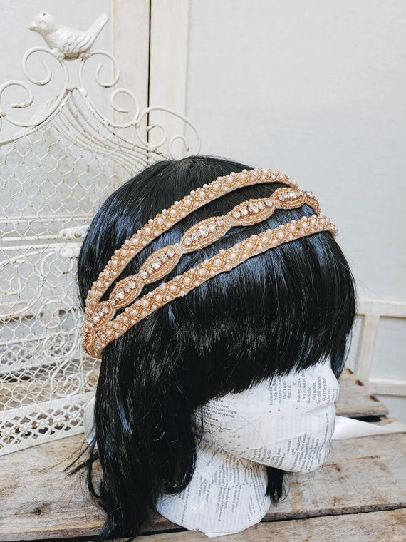 Wide Rose Gold Pearl/Bead Bridal Headband Pearl Beaded Bridal Headband: Rose Gold Crystal Hair Comb - Etsy main image 4