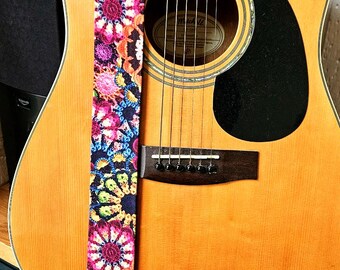 Crochet Patterned Guitar Strap; Rainbow Guitar Strap; Cottagecore; Grandmacore; Crochet Strap; Unique Guitar Straps; Acoustic Guitar Strap