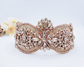 Rose Gold Crown; Tiara Headband; Bridal Crown; Bridal Tiara; Tiara for Prom; Queen Tiara; Beaded Rose Gold Crown; Festival Crown