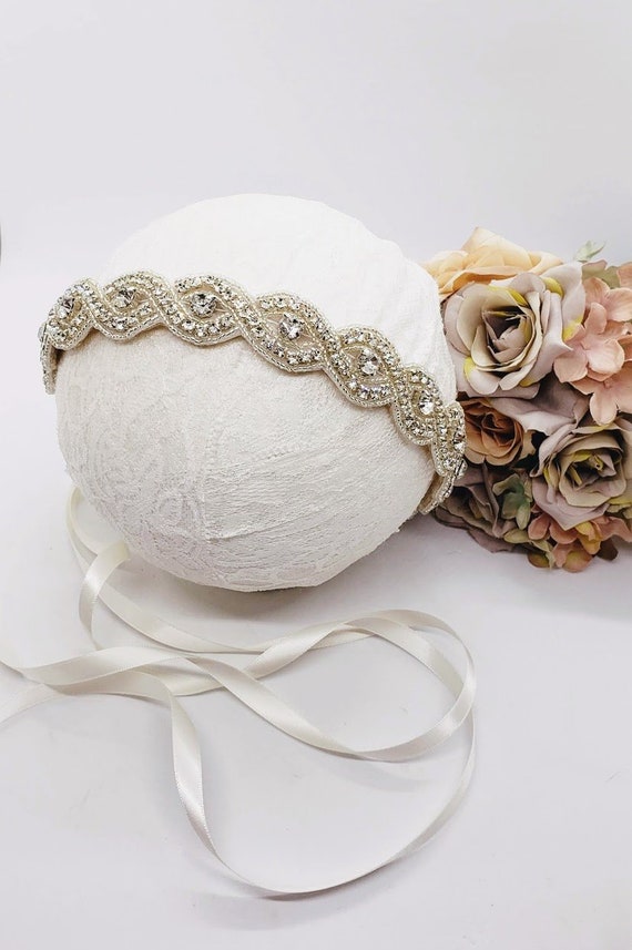 Rhinestone Silver Beaded Bridal Headband: Wide Rhinestone  display picture 2