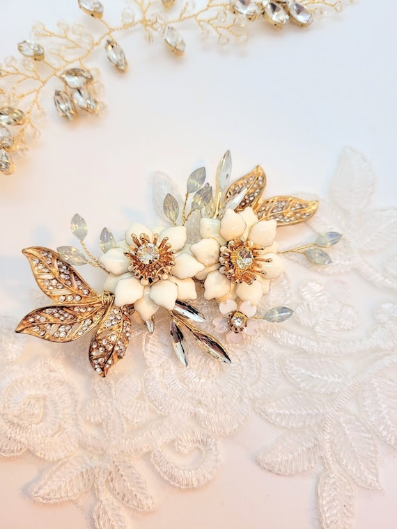 Gold Flower Wedding Hair Clip: Vintage Enamel Bridal 