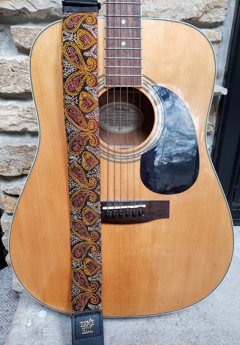 Gold Embroidered Guitar Strap Embroidered Guitar Strap Guitar Strap Unique Guitar Strap Guitar Strap for Women Guitarist Upcycled image 3