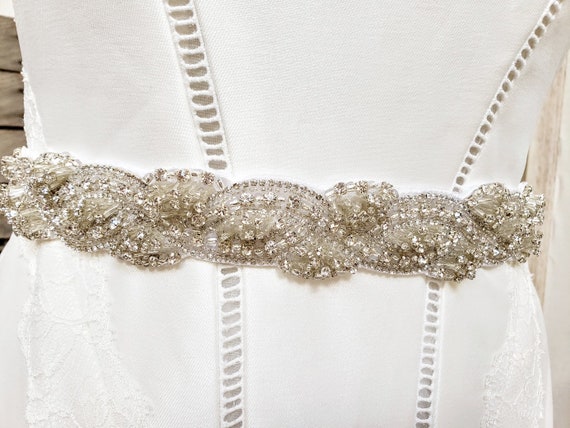 Rhinestone Bridal Belt Sash White Wedding Dress Crystal Beaded Waist Tie 95\