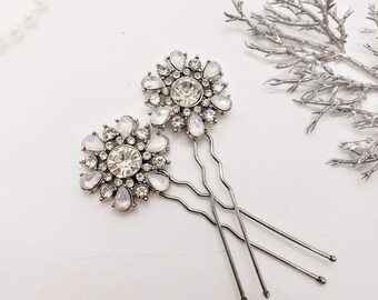 Opal Wedding Hair Pins: Silver Bridal Hair Jewelry, Set of 2