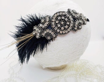 Black Feather Headband; Black Gatsby Headband; Flapper Headpiece; 1920 Party; 1920 Accessory; Great Gatsby Headpiece; Rhinestone Headband