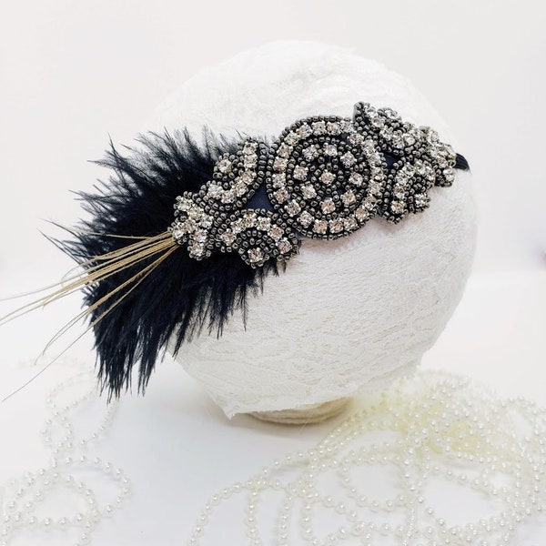 Black Feather Headband; Black Gatsby Headband; Flapper Headpiece; 1920 Party; 1920 Accessory; Great Gatsby Headpiece; Rhinestone Headband