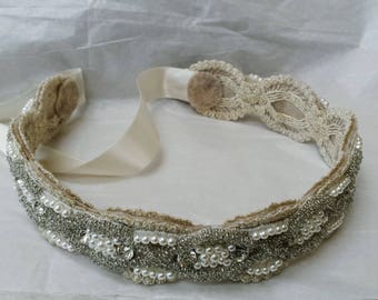 The "Sandra" Wedding Dress Sash Belt; Pearl and Lace Wedding Belt; Jeweled Bridal Belt; Barn Wedding Sash; Beaded Wedding Sash Belt