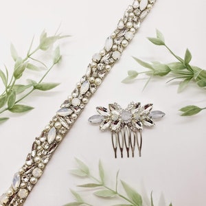 Opal Belt and Comb Set; Opal Wedding Set; Moonstone Belt; Moonstone Comb; Opal Belt; Opal Comb; Skinny Wedding Belt; Bridal Belt;Bridal Comb