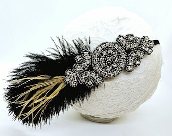 Black Feather Rhinestone Headband: Gatsby Flapper Headpiece