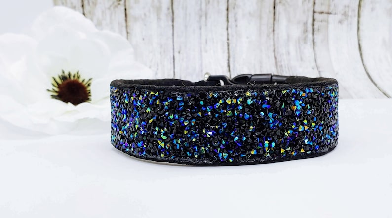 Black Gem Dog Collar; Unique Dog Collars; Iridescent Dog Collar; Medium Dog Collar; Jeweled Dog Collar; Bling Dog Collar; Black Collar