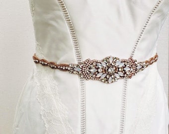 Long Rose Gold Wedding Belt; White Opal Wedding Belt; Rose Gold Bridal Belt; Plus Size Wedding Belt; Unique Wedding Belt; Rose Gold Belt
