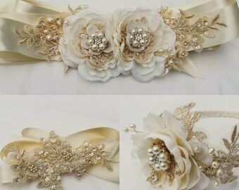 Ivory Beaded Lace Bridal Set: Flower Sash & Headpiece