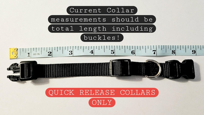 Puede incluir: Un collar para perro negro de liberaci&oacute;n r&aacute;pida con herrajes plateados, medido con una cinta m&eacute;trica que muestra una longitud de 9 pulgadas. El texto "Current Collar measurements should be total length including buckles!" y "QUICK RELEASE COLLARS ONLY" es visible en la imagen.