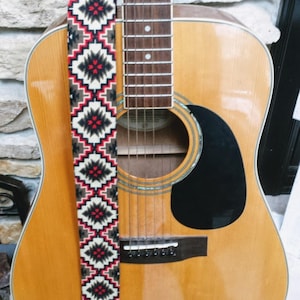 Red and Black Aztec Threaded Guitar Strap; Statement Guitar Strap; Unique Guitar Straps; Handmade Straps; Gift for Her; Guitar Straps
