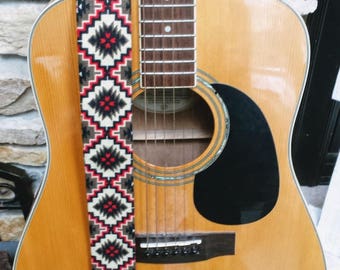 Red and Black Aztec Guitar Strap: Handmade Flannel Threaded Strap
