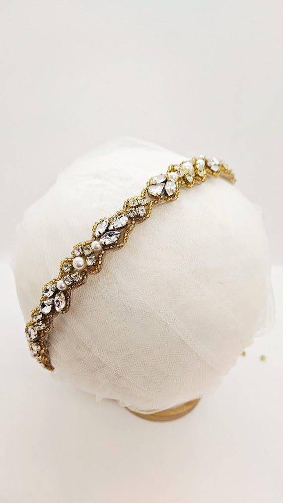 Gold Rhinestone Pearl Bridal Headband: Thin Gold Wedding  display picture 3