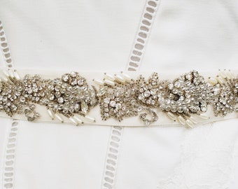The "Reese" Bridal Sash; Beaded Rhinestone Bridal Sash; Ivory Beaded Wedding Dress Sash; Unique Wedding Dress Ribbon Sash; Bridal Belt