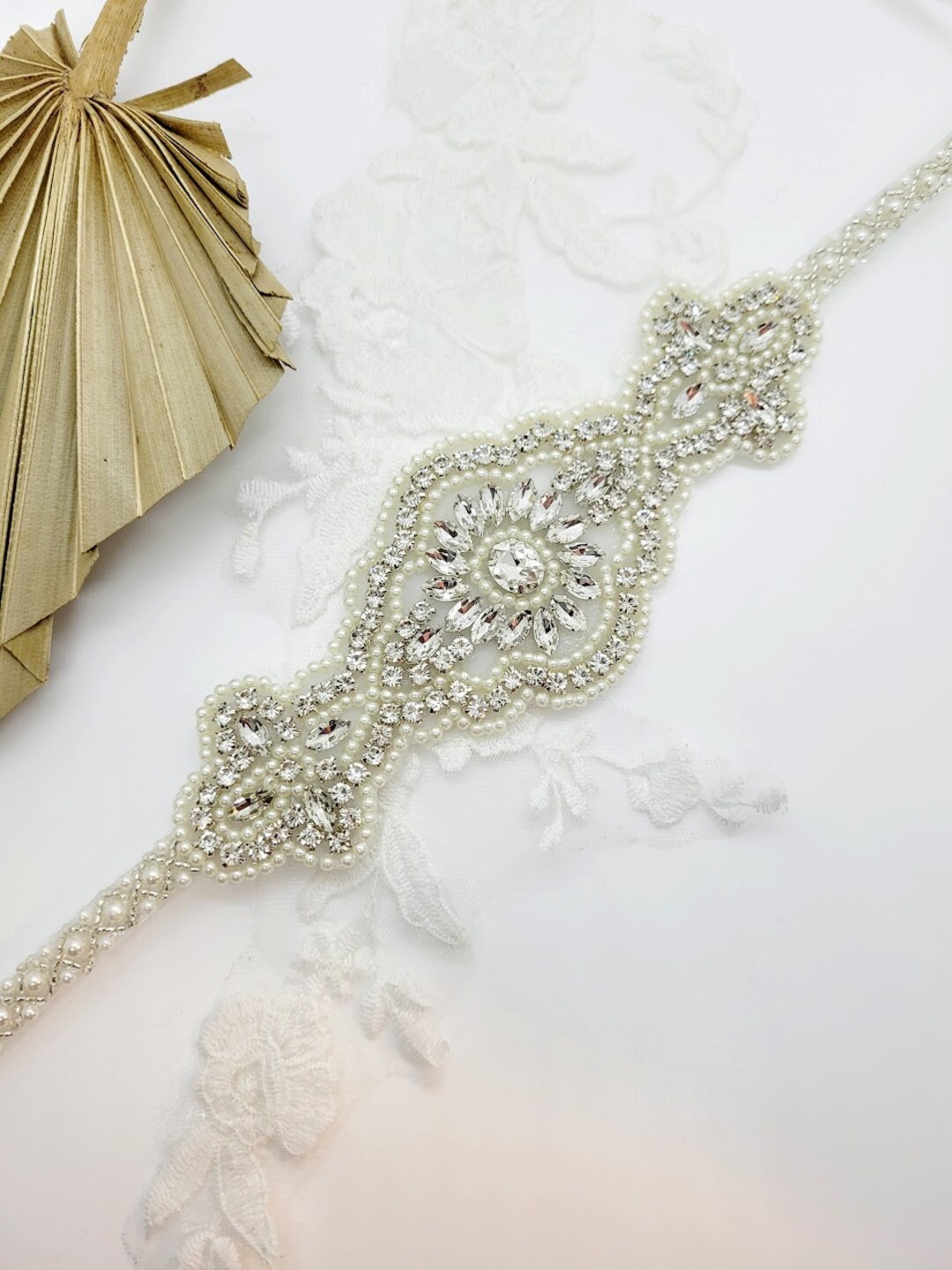 Art Deco Beaded Bridal Belt: Rhinestone Pearl Wedding Sash  display picture 3
