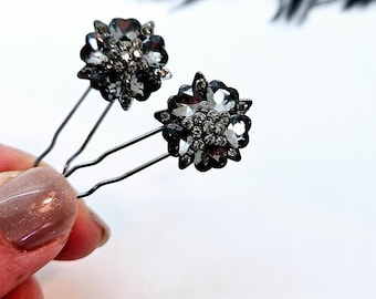 Black Rhinestone Flower Hair Pins: Gothic Hair Jewelry (Set of 2) Black Flower Hair Pins; Dark Hair Pins; Night Court; Gothic Wedding