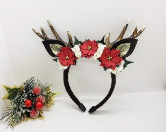 Christmas Deer Antler Headband: Poinsettia Flower Crown