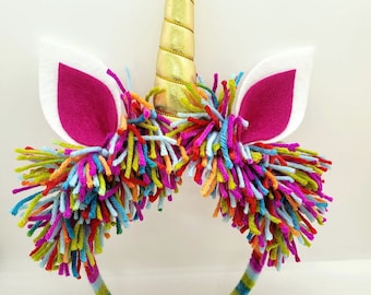 Rainbow Unicorn Headband: Glitter Gold Horn, Yarn Mane