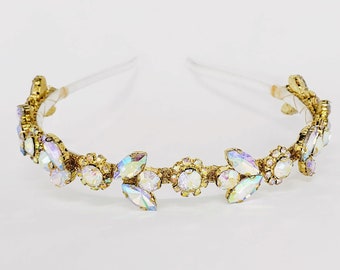 Gold AB Rhinestone Headband: Iridescent Prom Hair Accessory