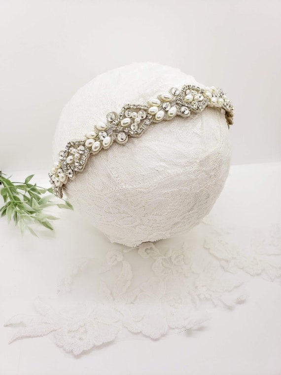 Handmade Rhinestone Pearl Bridal Headband: Art Deco Wedding  display picture 2