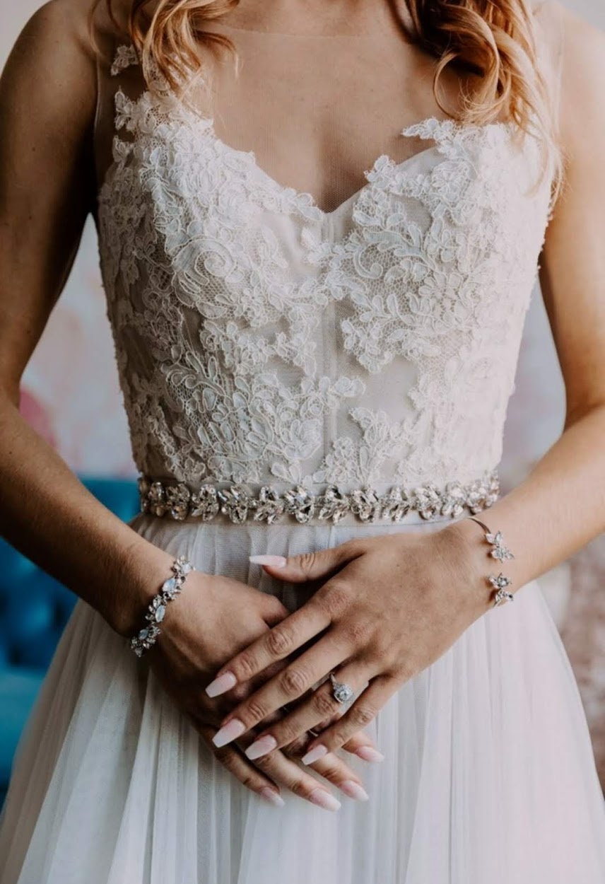 BHLDN Silver beaded and rhinestone sash wedding fitted sash SB160112-fitted (snowfall as seen on  main image 2