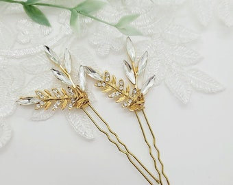 Gold Leaf Hair Pin: Rhinestone Bridal Hair Accessory