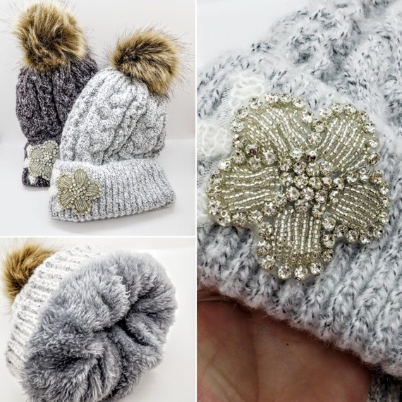 Rhinestone Flower Pom Pom Hat: Double Lined Winter Beanie 