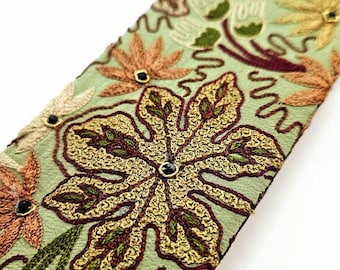 Embroidered Leaf Guitar Strap: Upcycled Sari Silk, Handmade Guitar Straps; Sari Guitar Strap; Guitar Straps for Women; Women Owned