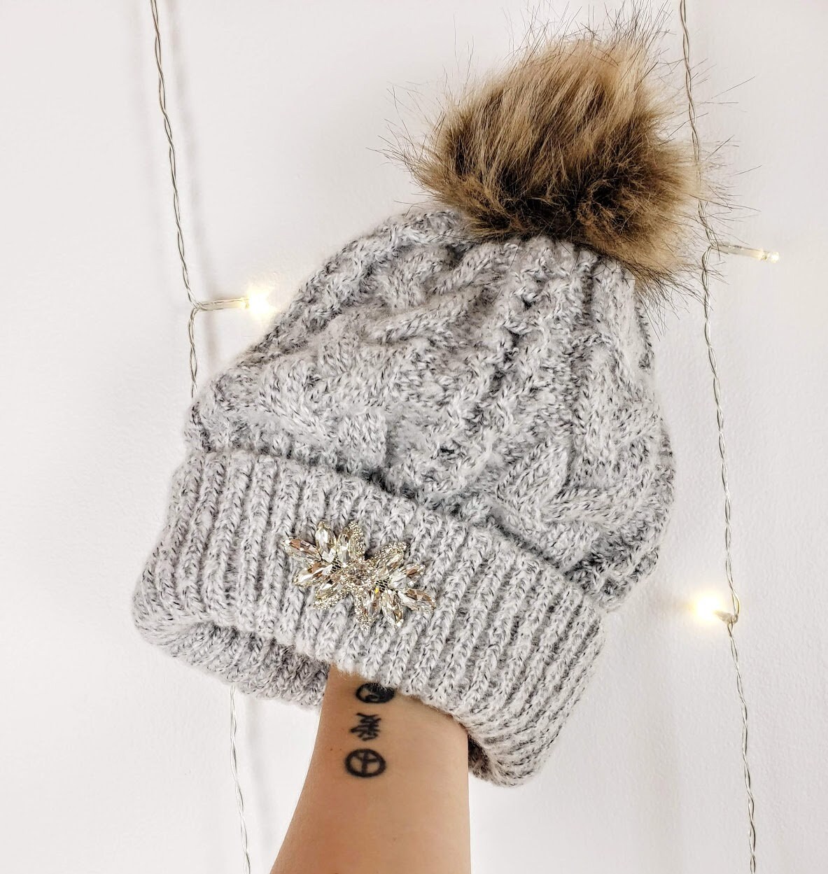 Cashmere Beanie Hat Sparkles Rhinestones Gray GREY GEM BEANIE – Kitson LA main image 4