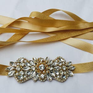 Gold Rhinestone Bridal Sash; Gold Crystal Beaded Tie Back Sash; Little Girl&#39;s Bridesmaid Sash; Gold Bridesmaid Sash; MOH Gold Sash
