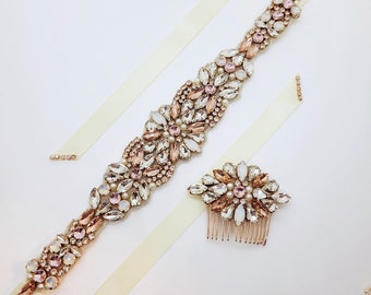 The "Emily" Rose Gold Bridal Sash and Comb Set; Rose Gold Wedding Dress Belt; Blush Belt and Comb; Unique Blush Bridal Belt and Comb Set