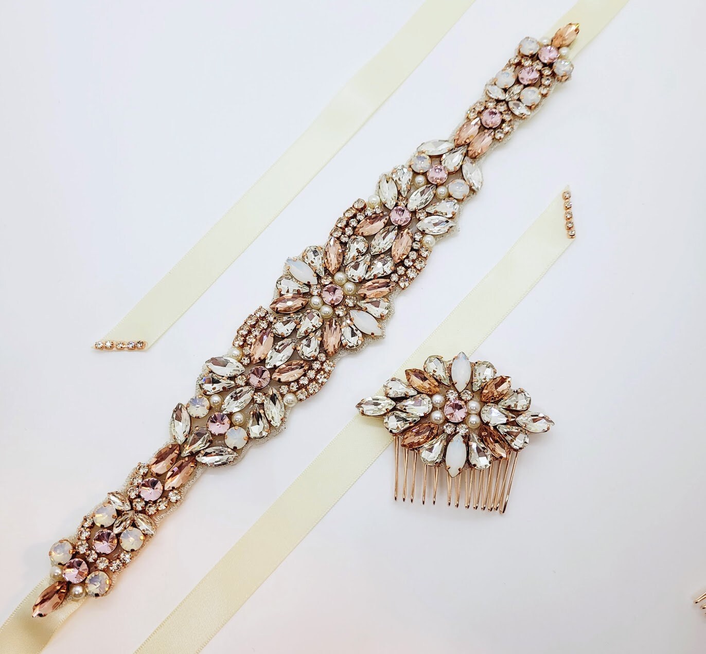 rose gold wedding dress belt Bridal Sash and Comb Set: Rhinestone Belt, Pearl Hairpiece Style_Diamante Accents