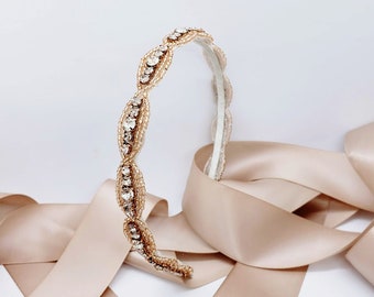 Rose Gold Beaded Rhinestone Headband: Wedding Hair Accessory