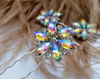 The "Aurora" Bridal Pin Set; Rhinestone Flower Bridal Hair Pin; Crystal Wedding Hair Pins; Flower Shaped Pin Set; Bridal Pin Set