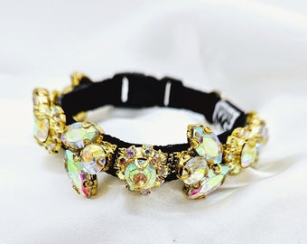 AB Rhinestone Dog Collar: Gold Gem Collar; Pet Jewelry; Small Breed Jeweled Collar; Iridescent Collar for Dogs; Fancy Gold Pet Collars