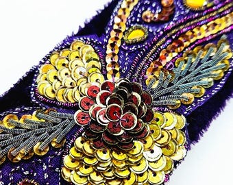 Purple Velvet Guitar Strap: Sequin Embroidered Floral Design