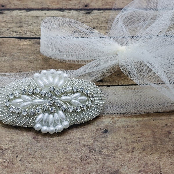 Simple Tulle Rhinestone Headwrap Wedding Headband; Rhinestone Bridal Tulle Tie; Boho Chic Tulle Bridal Head Piece; Alternative Wedding Veil